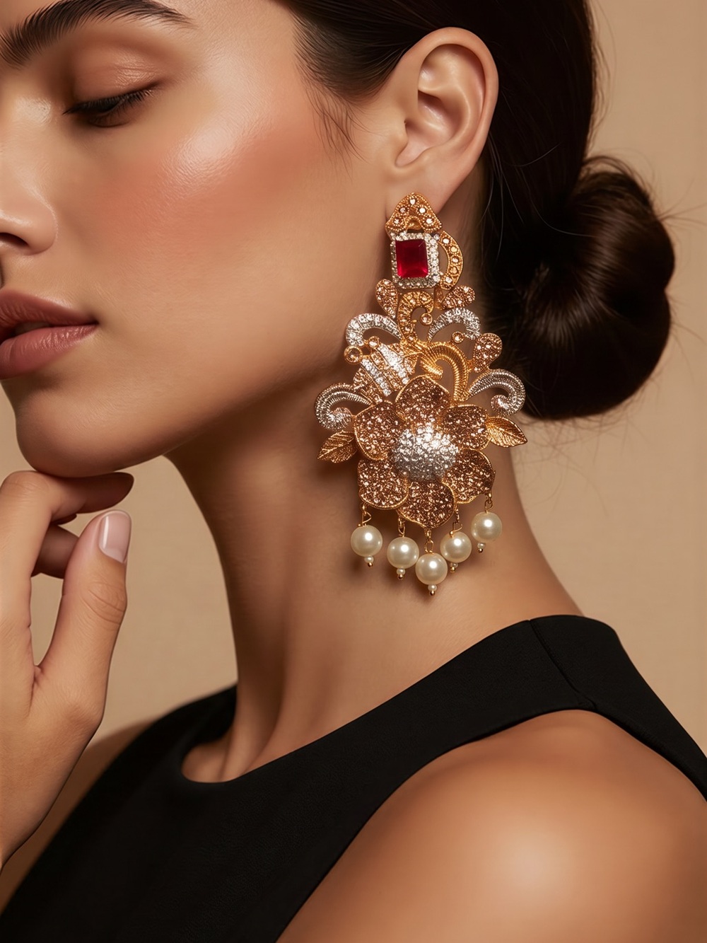 Gold Floral Pearl Drop Earrings with Ruby Accent - Women Jewelry